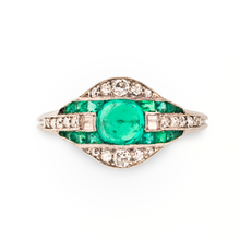 Art Deco Cabochon Emerald and Diamond Ring