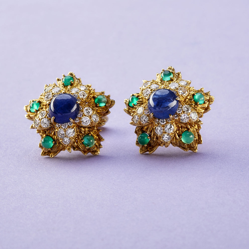 
                      
                        David Webb Sapphire, Emerald, Diamond and Gold Ear Clips
                      
                    