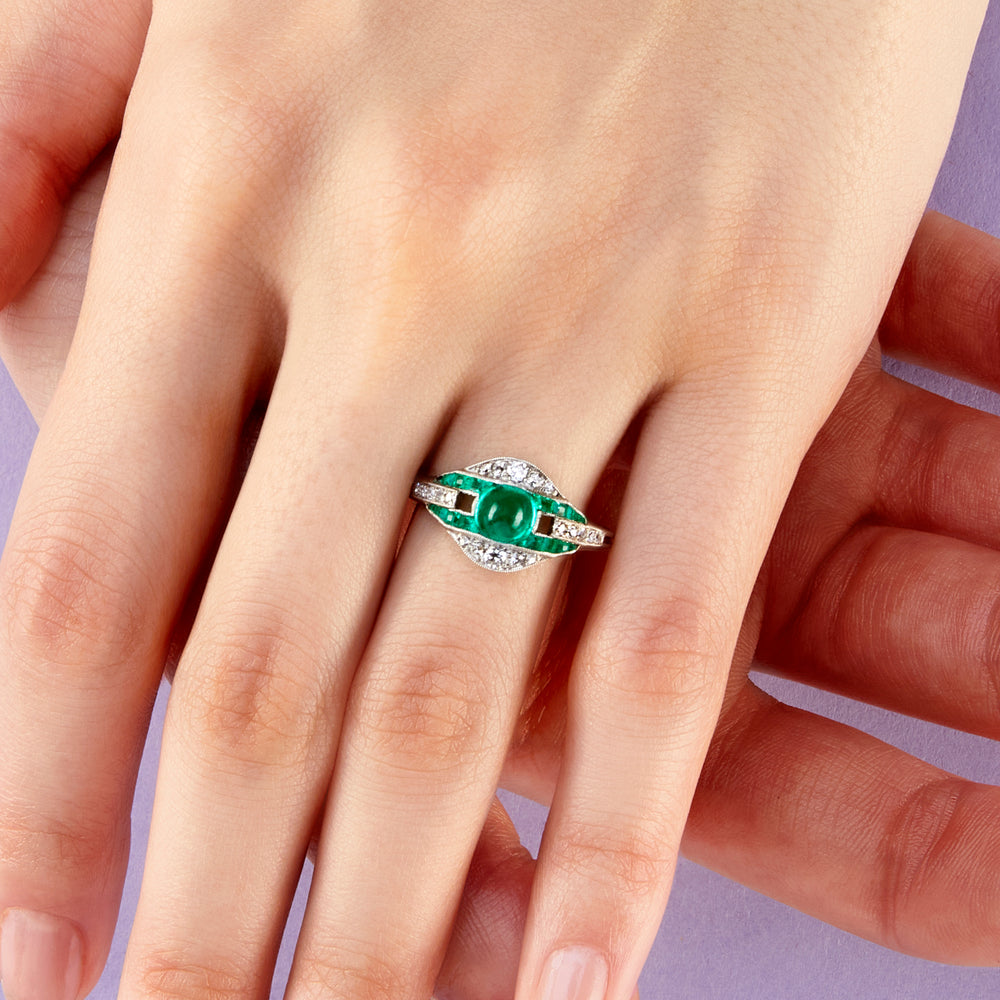 Art Deco Cabochon Emerald and Diamond Ring