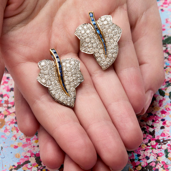 Oscar Heyman 18k Gold and Platinum Diamond and Blue Sapphire Leaf Ear Clips