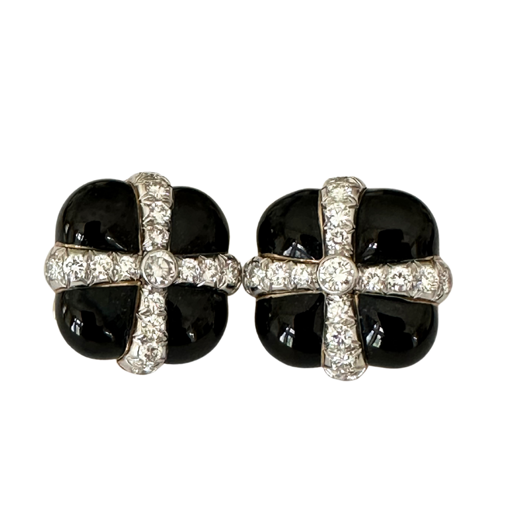 David Webb Black Enamel and Diamond Gift Box Ear Clips