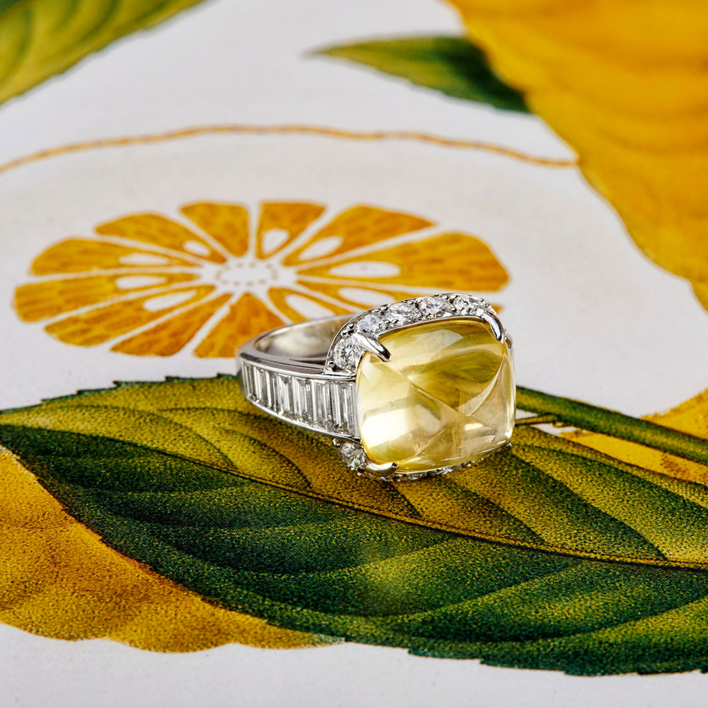 
                      
                        Pyramidal Cabochon Yellow Sapphire and Diamond Ring (No Heat)
                      
                    