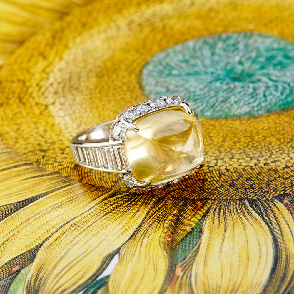 
                      
                        Pyramidal Cabochon Yellow Sapphire and Diamond Ring (No Heat)
                      
                    