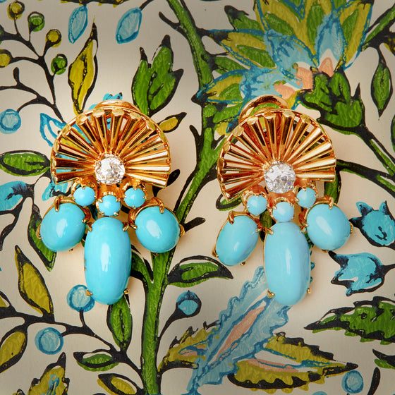Retro Turquoise and Diamond Ear Clips