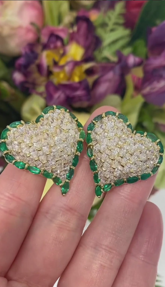 Moussaieff One of a Kind Diamond and Emerald Heart Earrings