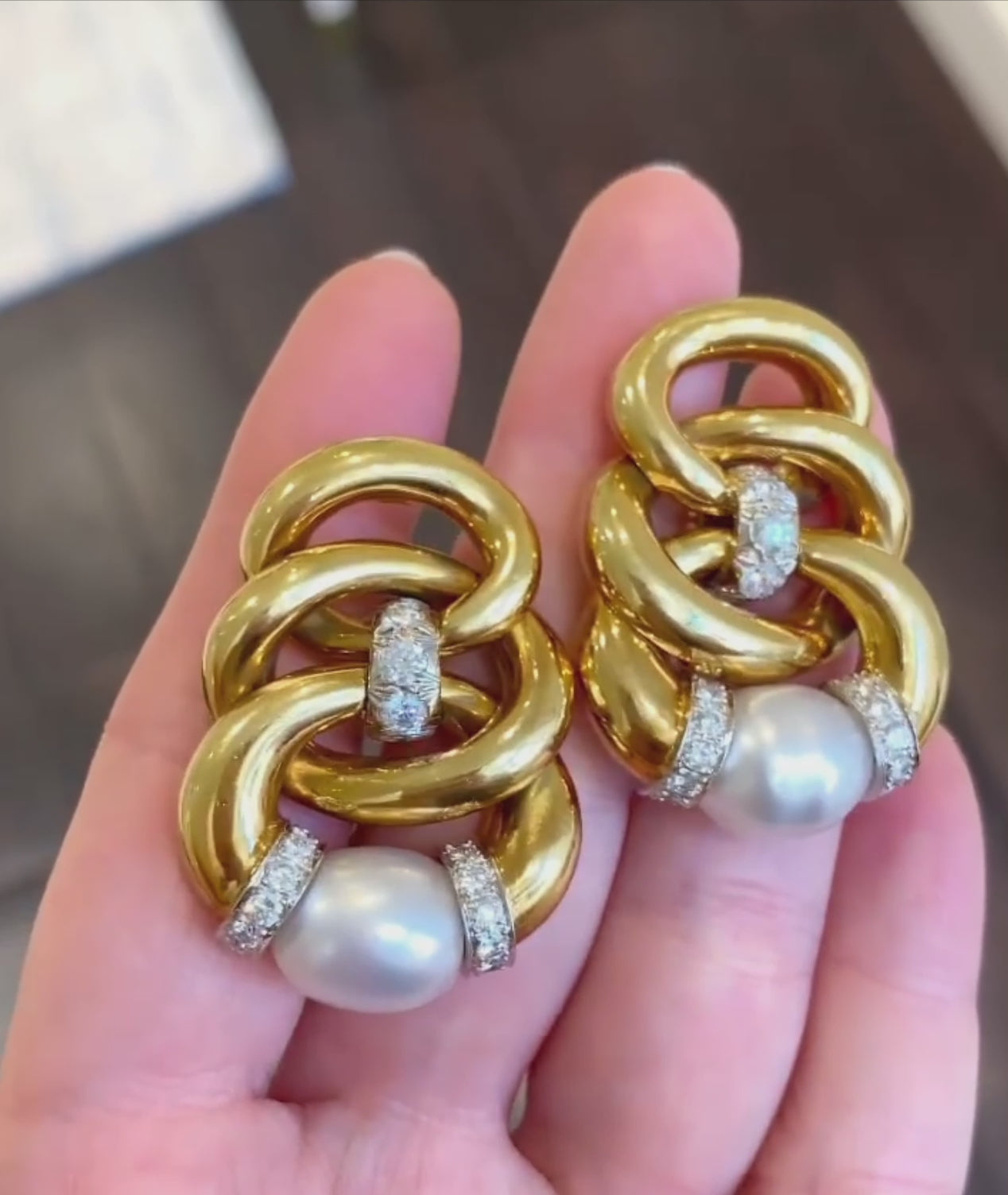 David Webb 18K Yellow Gold and Pearl Three Zero Ear Clips