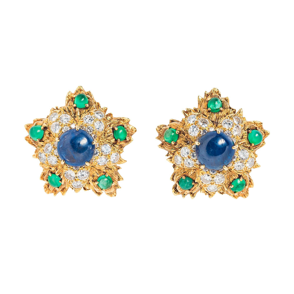 
                      
                        David Webb Sapphire, Emerald, Diamond and Gold Ear Clips
                      
                    