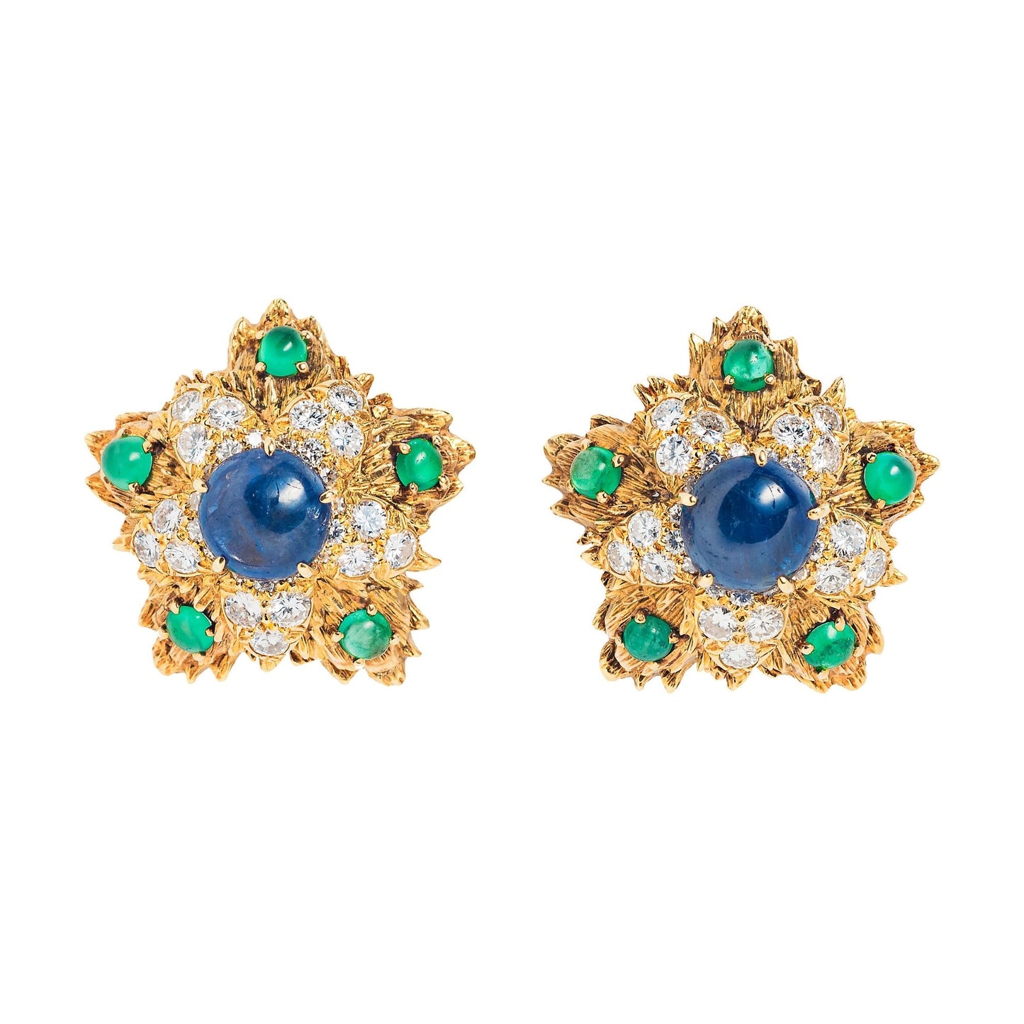 David Webb Sapphire, Emerald, Diamond and Gold Ear Clips