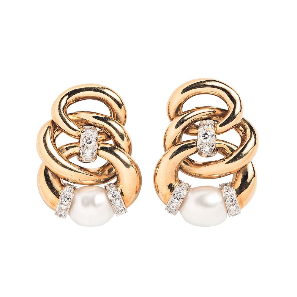 David Webb 18K Yellow Gold and Pearl Three Zero Ear Clips