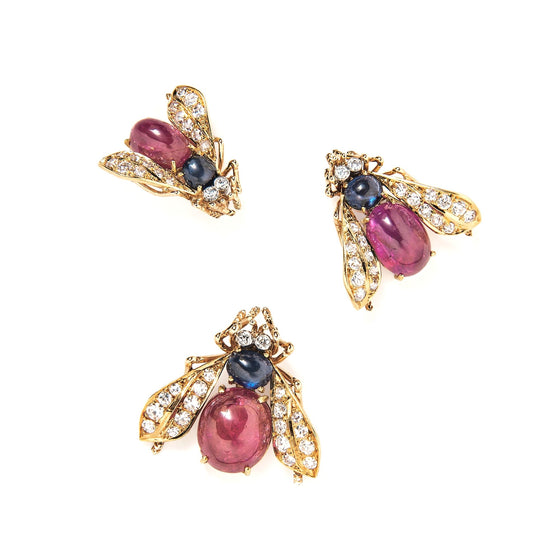 Van Cleef & Arpels Set of Three Cabochon Ruby, Sapphire and Diamond Bee Brooches