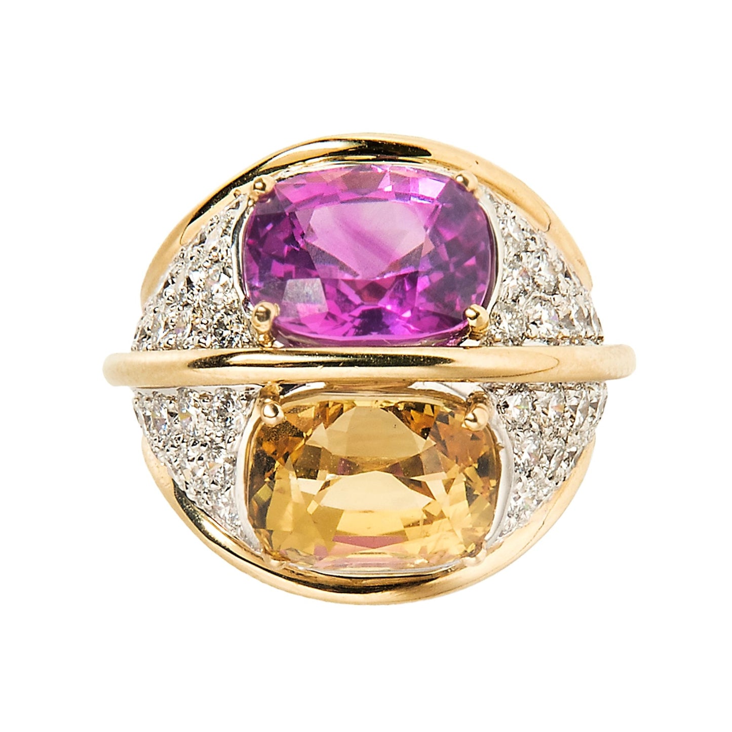 Verdura 18k Yellow Gold and Diamond Dome Ring with Pink and Yellow Sapphires