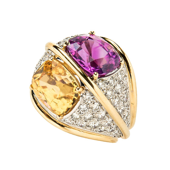 Verdura 18k Yellow Gold and Diamond Dome Ring with Pink and Yellow Sapphires