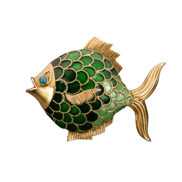 M184 Vintage Gold Tone Green deals Yellow Enamel Fish Medallion Brooch