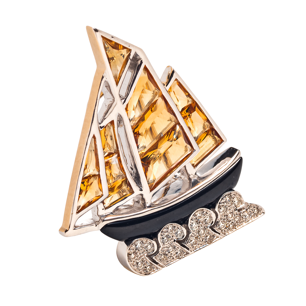 
                      
                        Cartier Citrine, Onyx and Diamond Sailboat Brooch
                      
                    