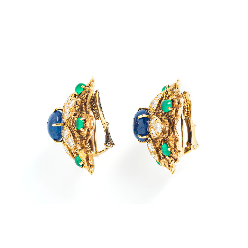 David Webb Sapphire, Emerald, Diamond and Gold Ear Clips