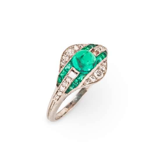Art Deco Cabochon Emerald and Diamond Ring