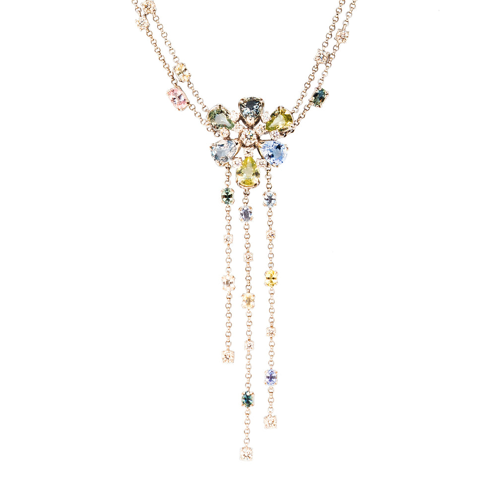 
                      
                        Fringed Flower-Head Necklace with Pale Green and Purple Sapphires and Diamonds
                      
                    