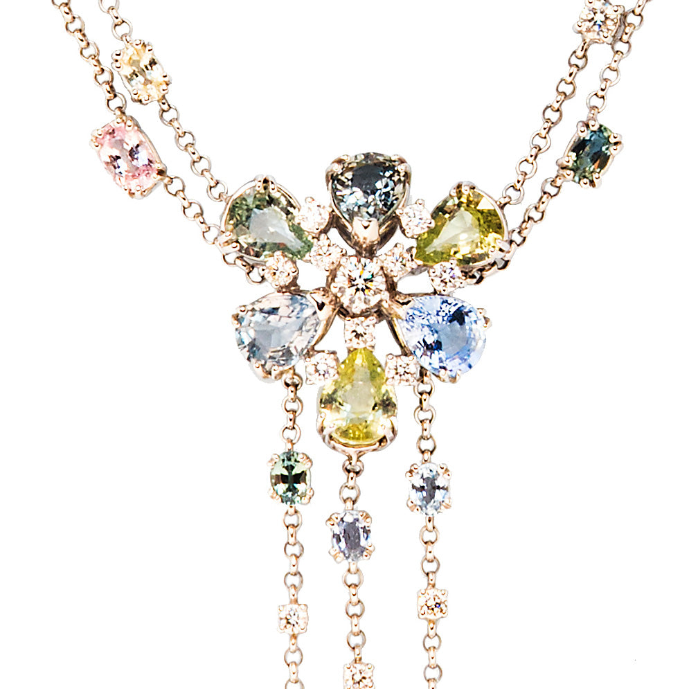 
                      
                        Fringed Flower-Head Necklace with Pale Green and Purple Sapphires and Diamonds
                      
                    