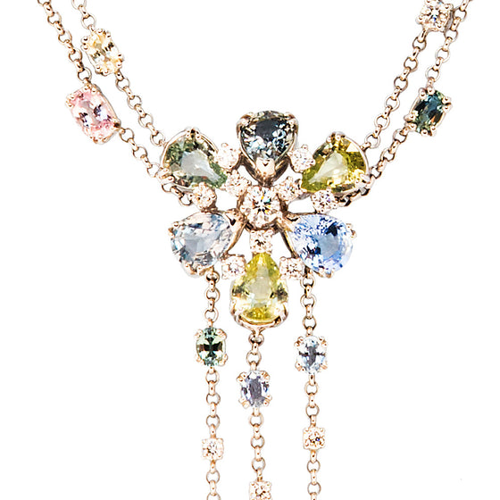 Fringed Flower-Head Necklace with Pale Green and Purple Sapphires and Diamonds