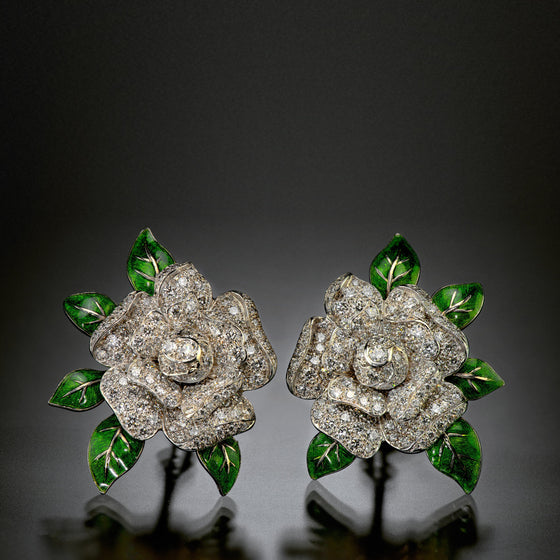 Oscar Heyman Diamond and Enamel Gardenia Earrings