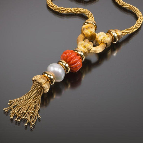 Henry Dunay Gold, Coral and Cultured Pearl Sautoir