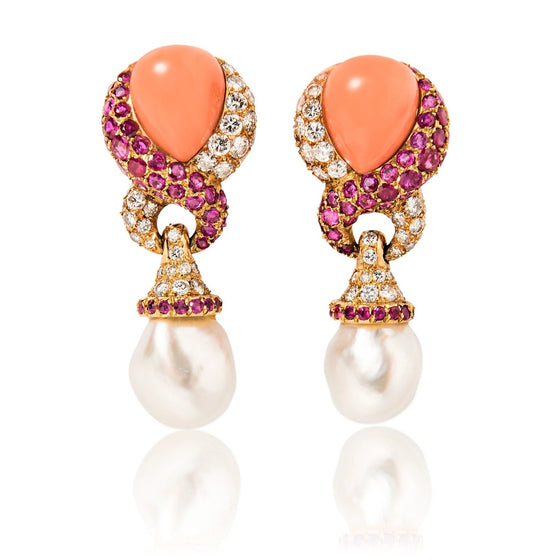 JAR Paris 18k Yellow Gold, Diamond, Ruby, Coral and Pearl Ear Clips