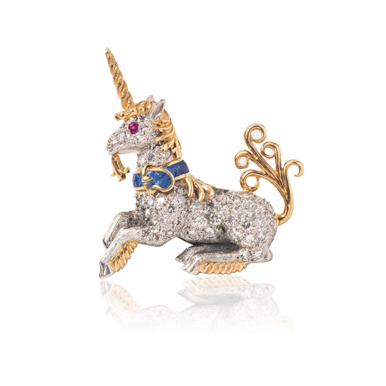 Tiffany & Co. 18K Yellow Gold, Diamond and Lapis Unicorn Lapel Pin