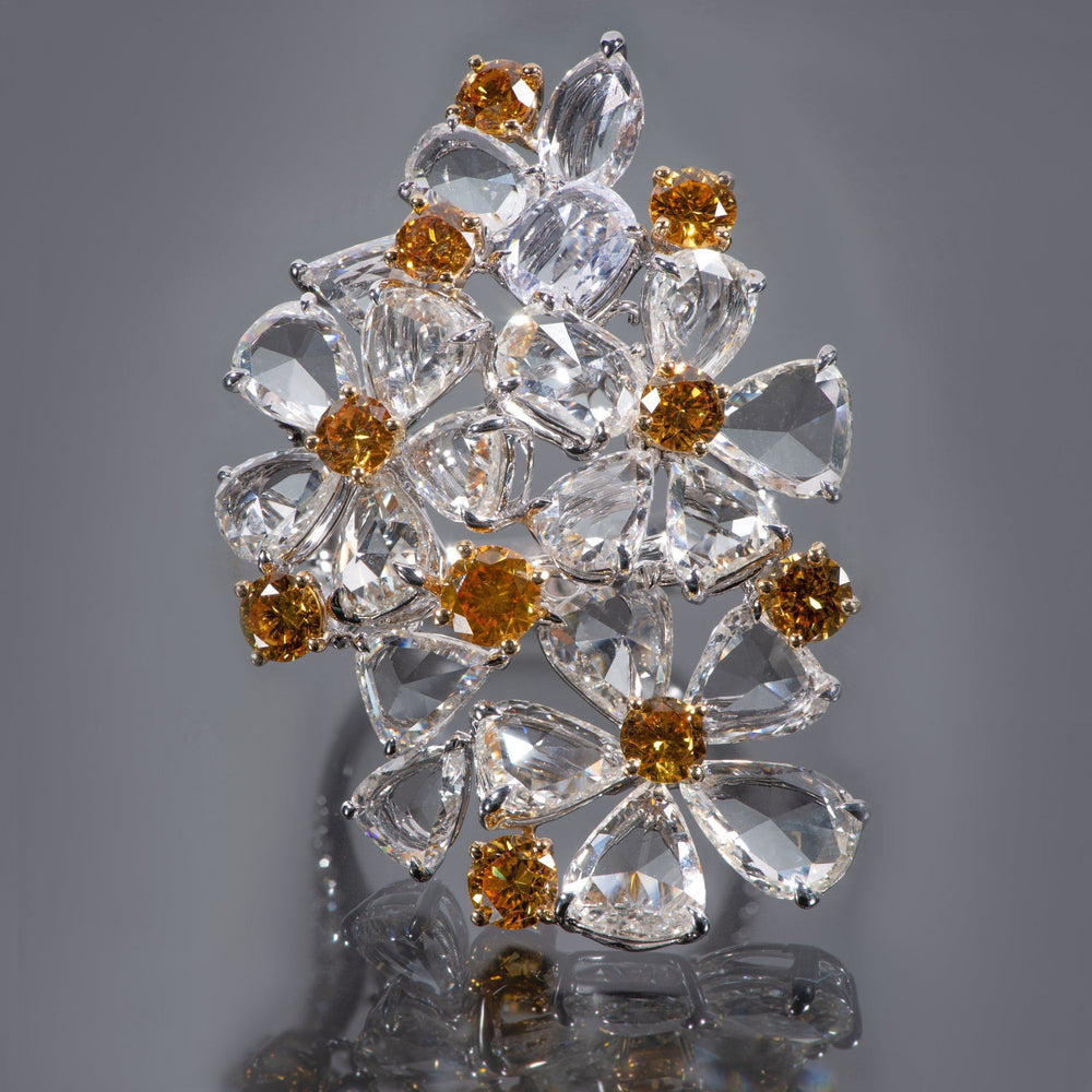Orangy Yellow Diamond and Diamond Multi-Flower Ring - Tiina Smith Jewelry