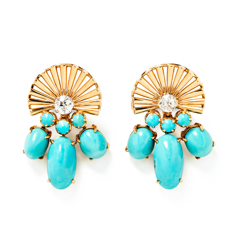 Retro Turquoise and Diamond Ear Clips