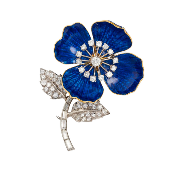 Boucheron Diamond and Blue Enamel Flower Brooch